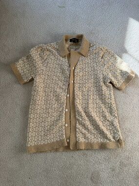 Truth Yellow Gold and White Short-Sleeve Knit Button-Up Shirt